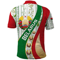 Belarus National Emblem Polo Shirt with Green Red Gold Floral Folk Pattern Design