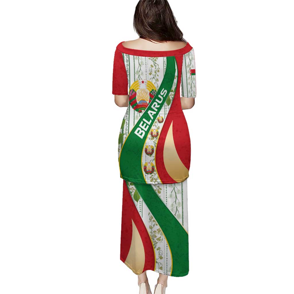 Belarus National Emblem Puletasi with Green Red Gold Floral Folk Pattern Design