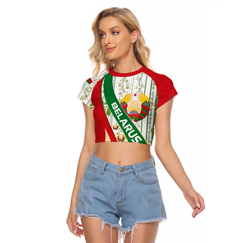 Belarus National Emblem Raglan Cropped T Shirt with Green Red Gold Floral Folk Pattern Design
