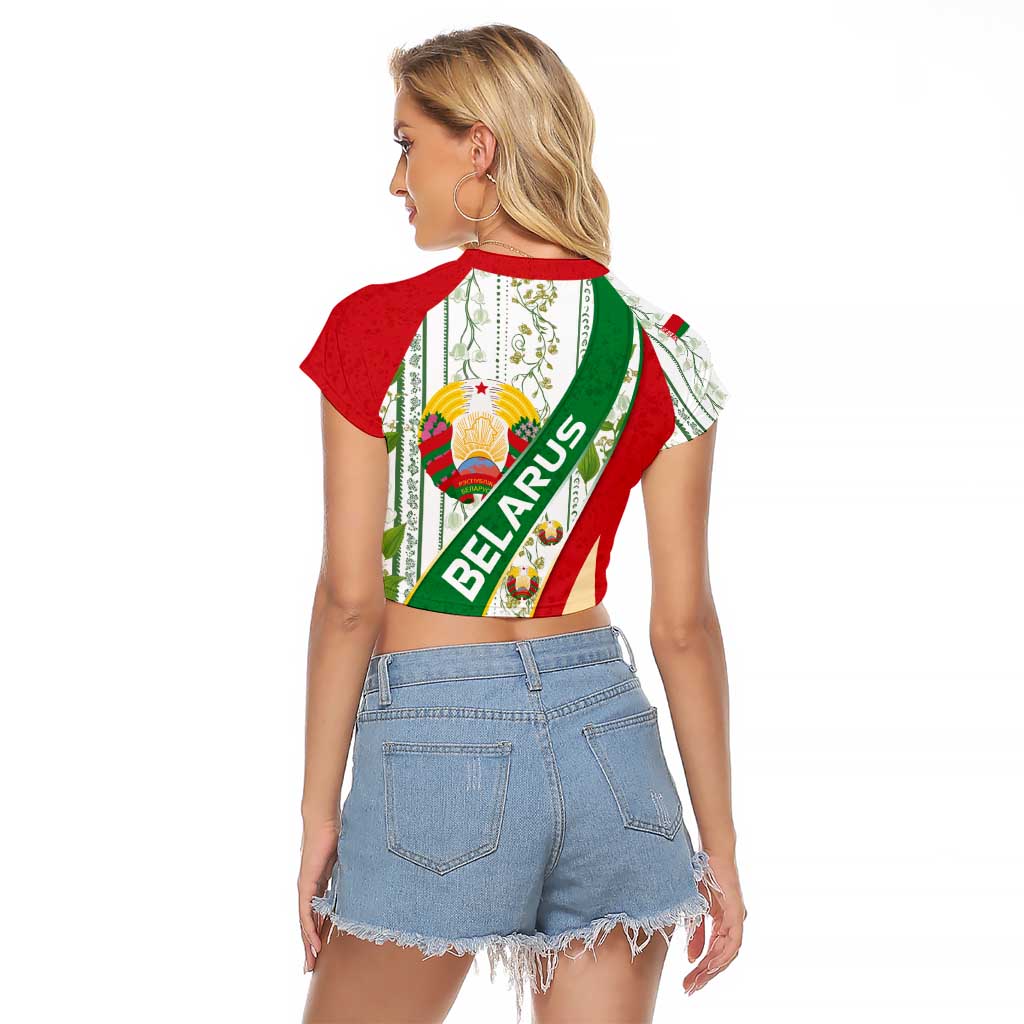 Belarus National Emblem Raglan Cropped T Shirt with Green Red Gold Floral Folk Pattern Design