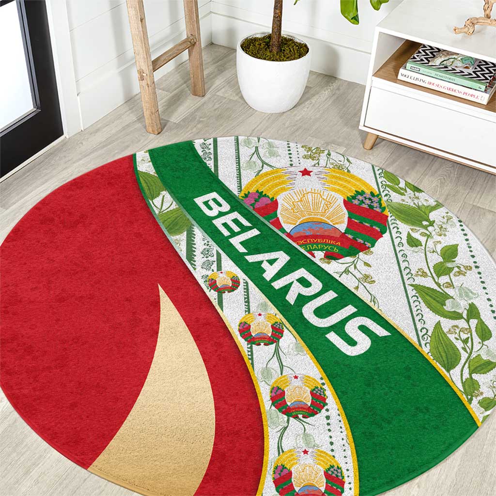 Belarus National Emblem Round Carpet with Green Red Gold Floral Folk Pattern Design