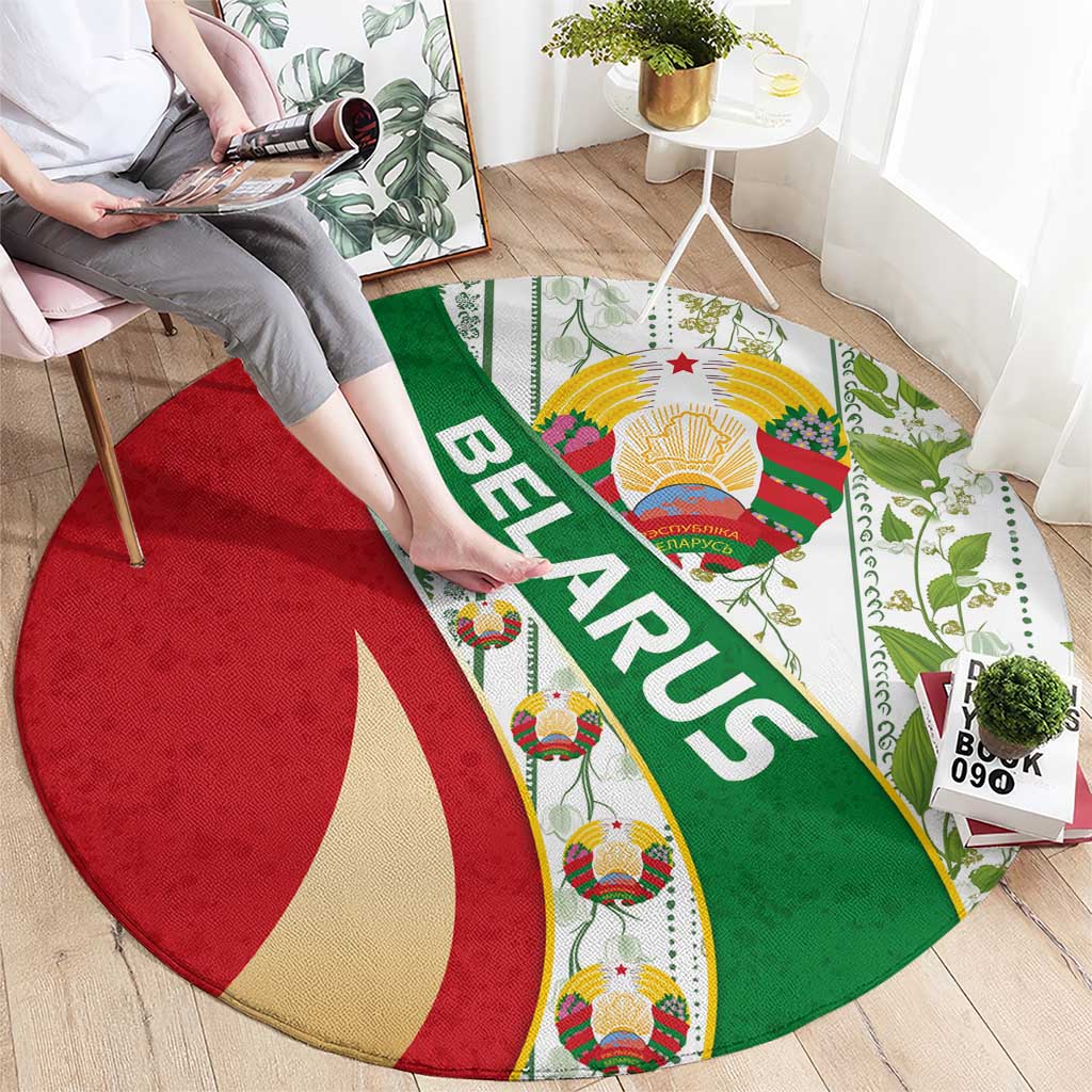 Belarus National Emblem Round Carpet with Green Red Gold Floral Folk Pattern Design