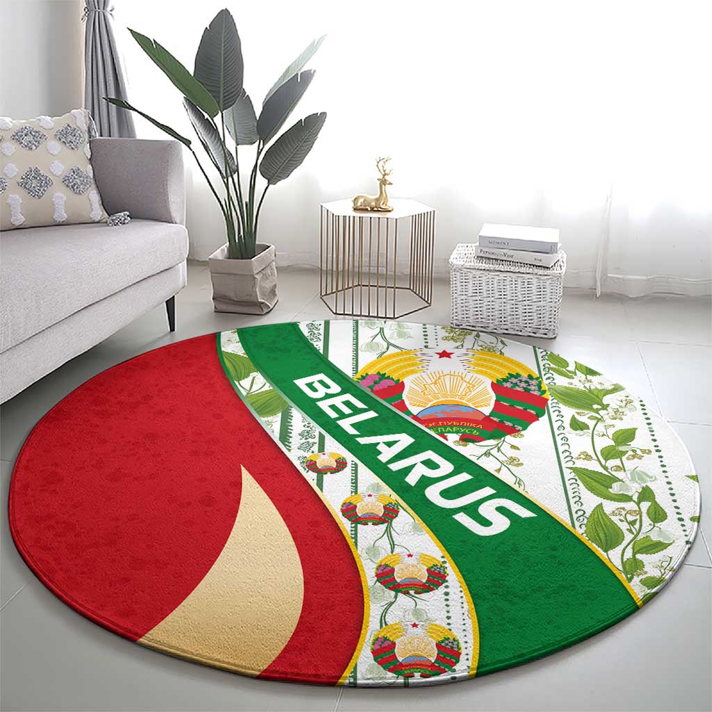 Belarus National Emblem Round Carpet with Green Red Gold Floral Folk Pattern Design