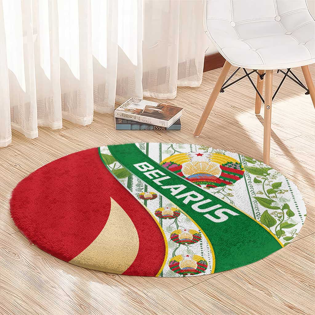Belarus National Emblem Round Carpet with Green Red Gold Floral Folk Pattern Design
