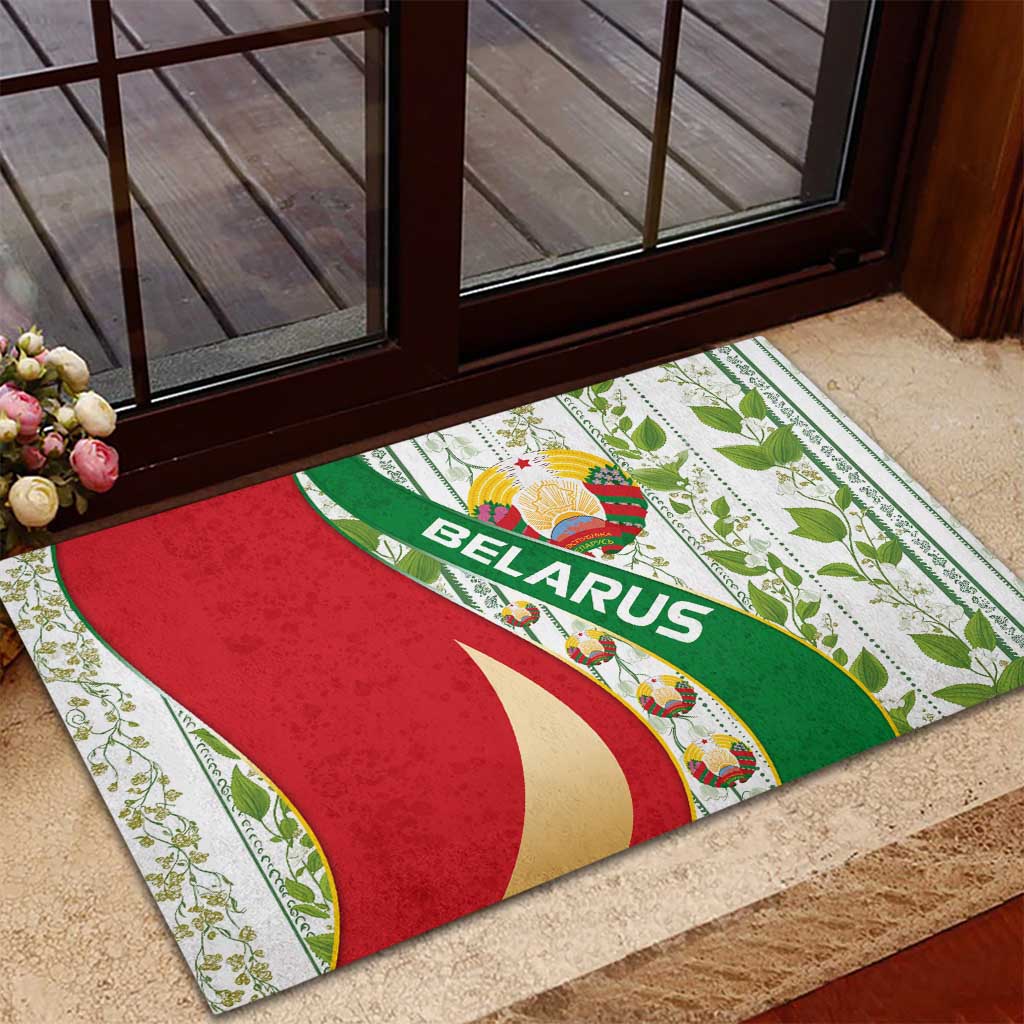 Belarus National Emblem Rubber Doormat with Green Red Gold Floral Folk Pattern Design
