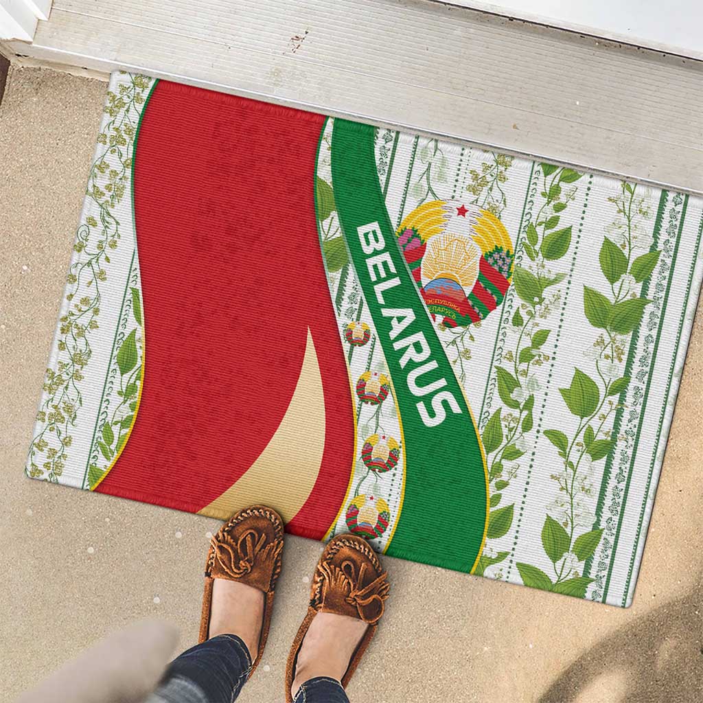 Belarus National Emblem Rubber Doormat with Green Red Gold Floral Folk Pattern Design
