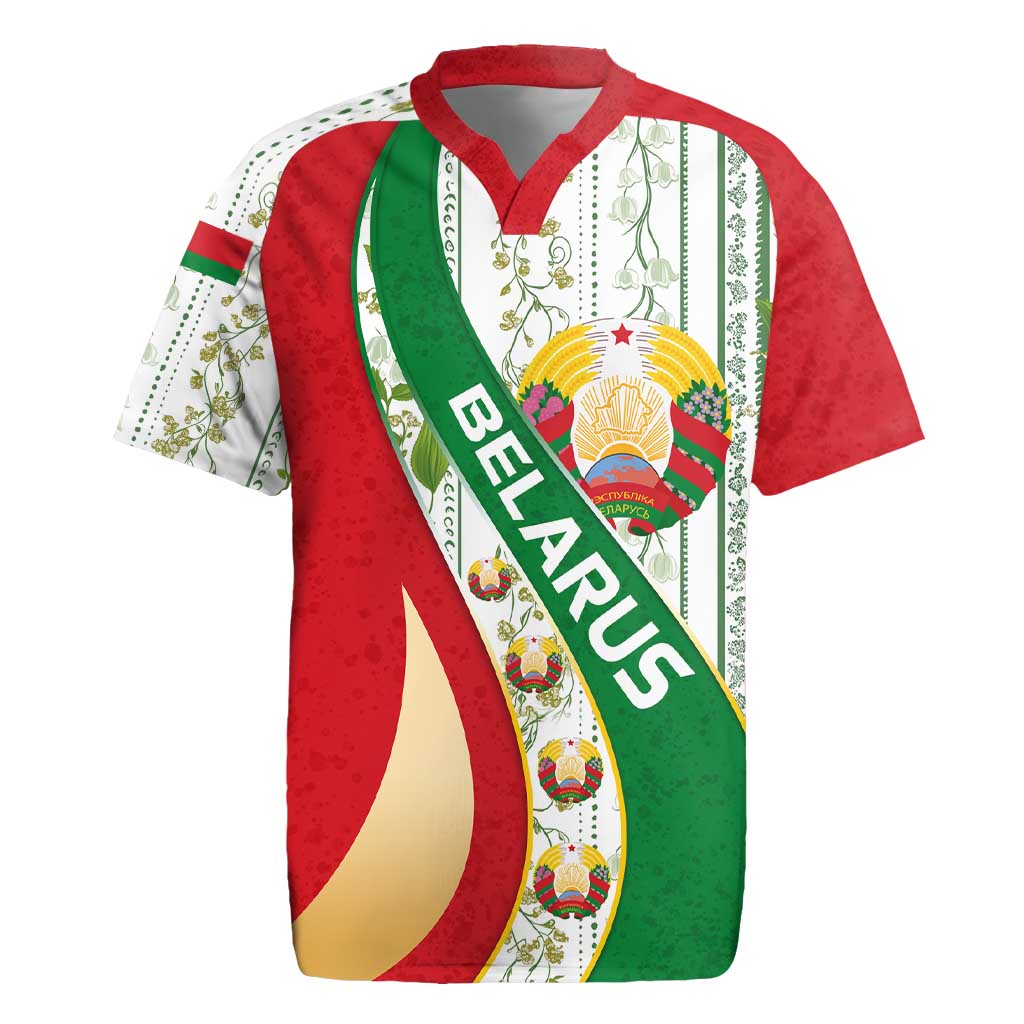 Belarus National Emblem Rugby Jersey with Green Red Gold Floral Folk Pattern Design