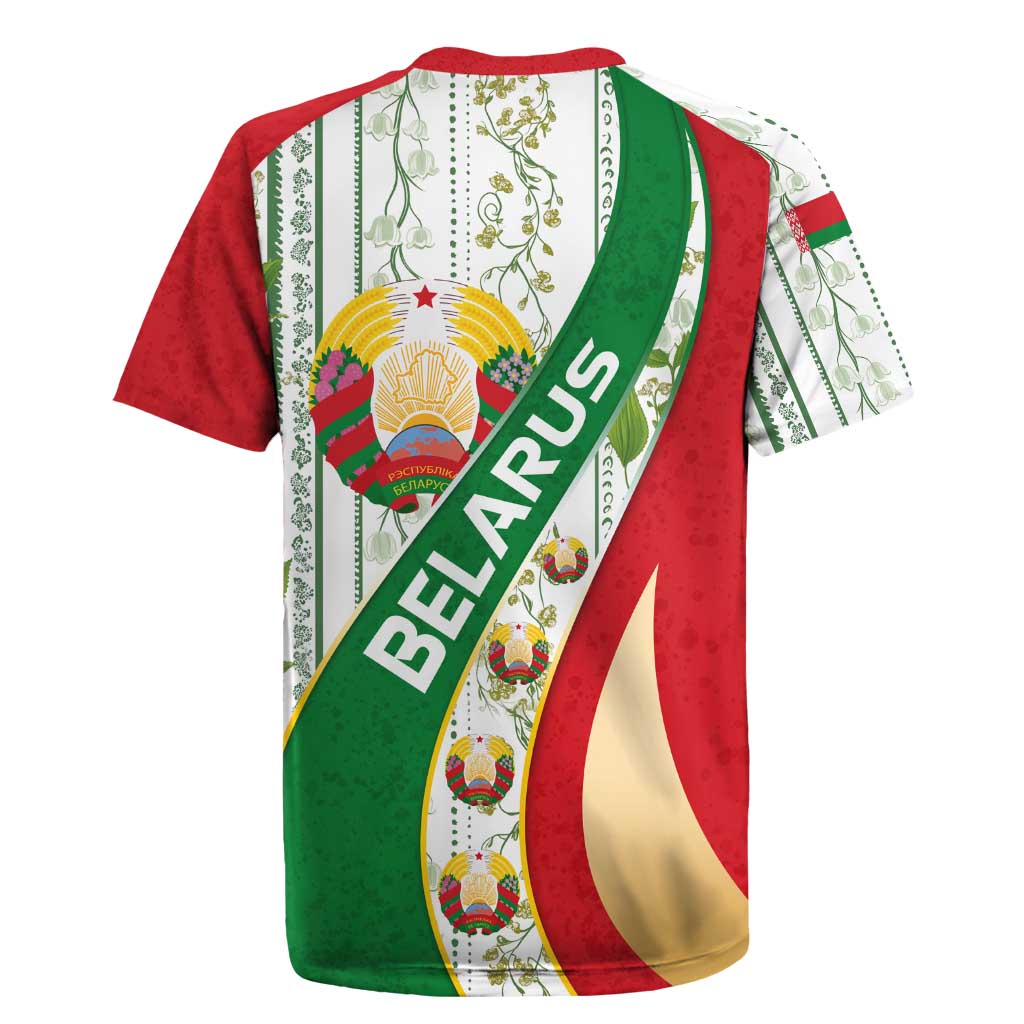 Belarus National Emblem Rugby Jersey with Green Red Gold Floral Folk Pattern Design