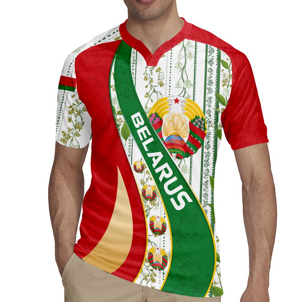 Belarus National Emblem Rugby Jersey with Green Red Gold Floral Folk Pattern Design