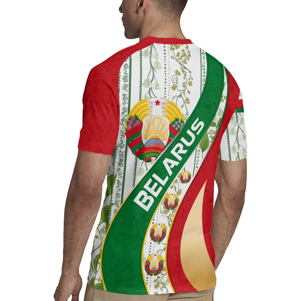 Belarus National Emblem Rugby Jersey with Green Red Gold Floral Folk Pattern Design