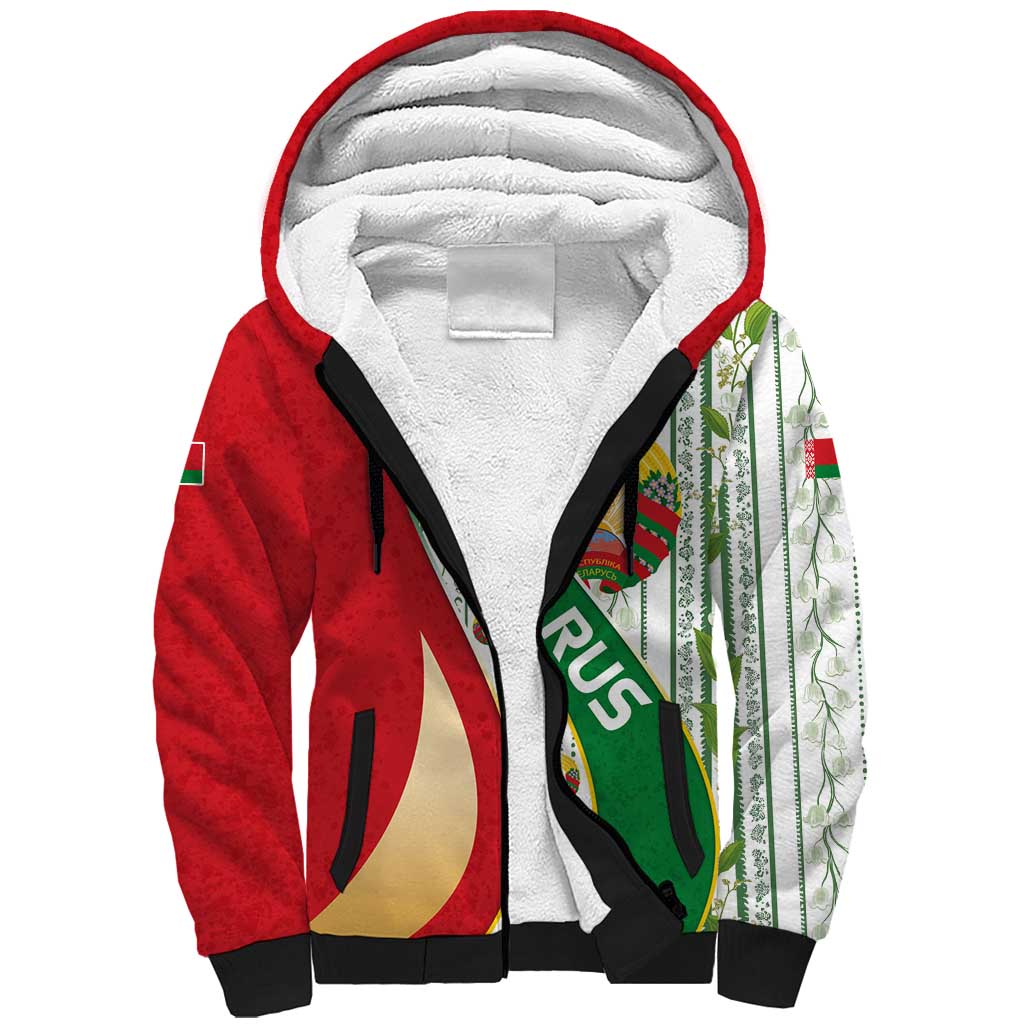 Belarus National Emblem Sherpa Hoodie with Green Red Gold Floral Folk Pattern Design