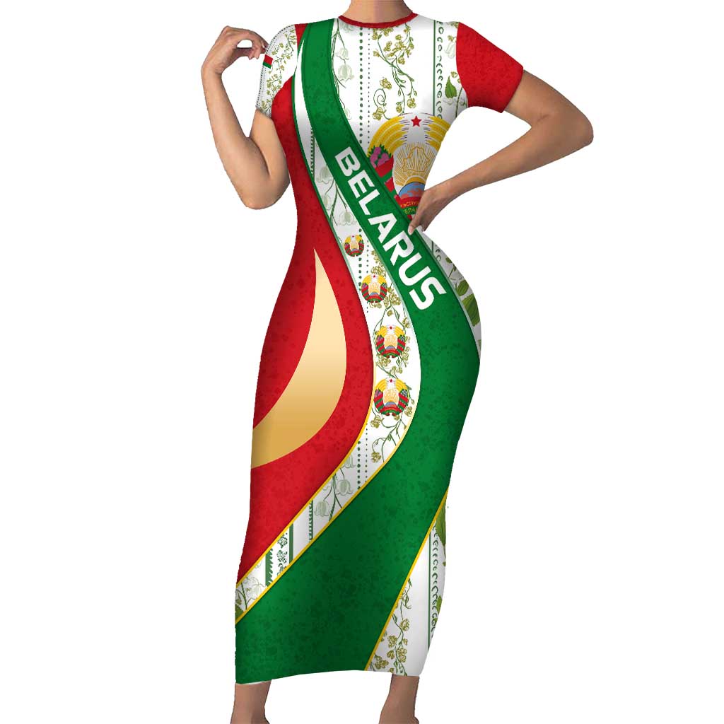 Belarus National Emblem Short Sleeve Bodycon Dress with Green Red Gold Floral Folk Pattern Design