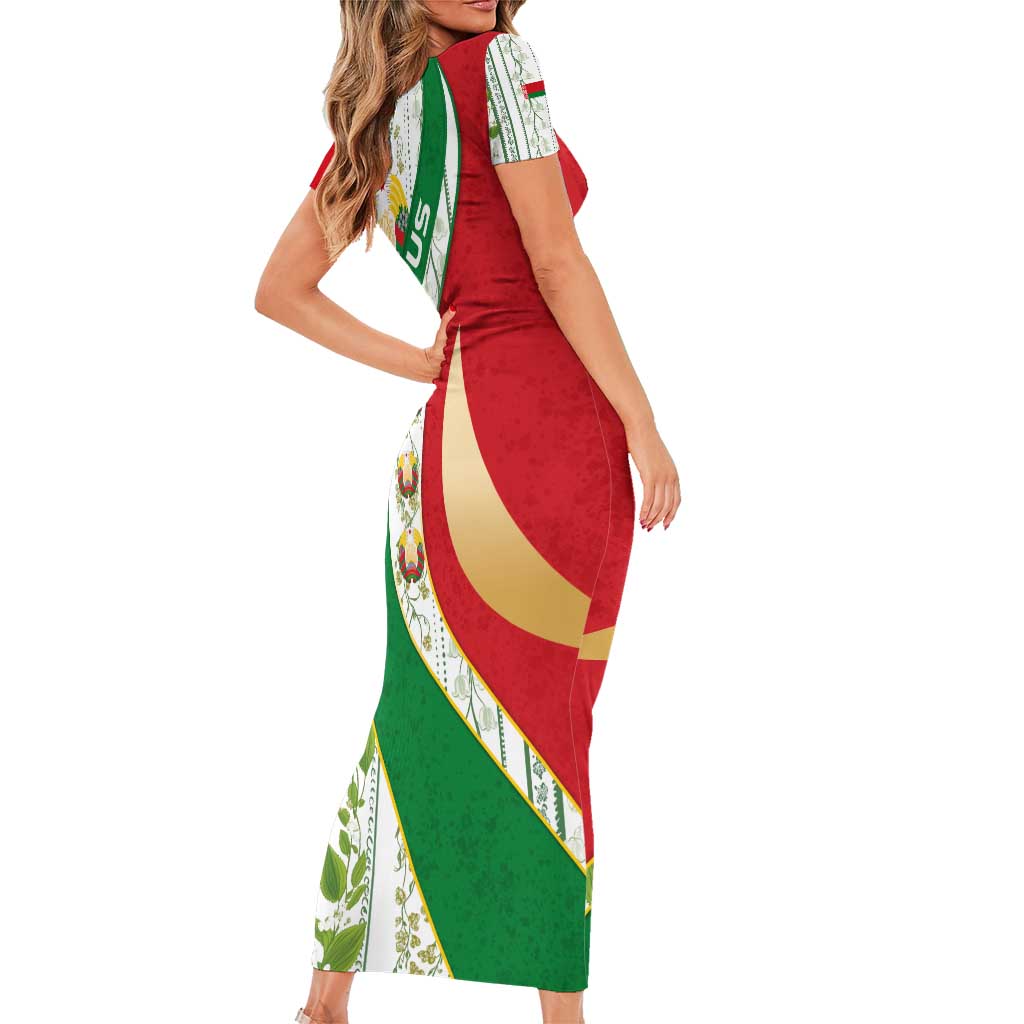 Belarus National Emblem Short Sleeve Bodycon Dress with Green Red Gold Floral Folk Pattern Design