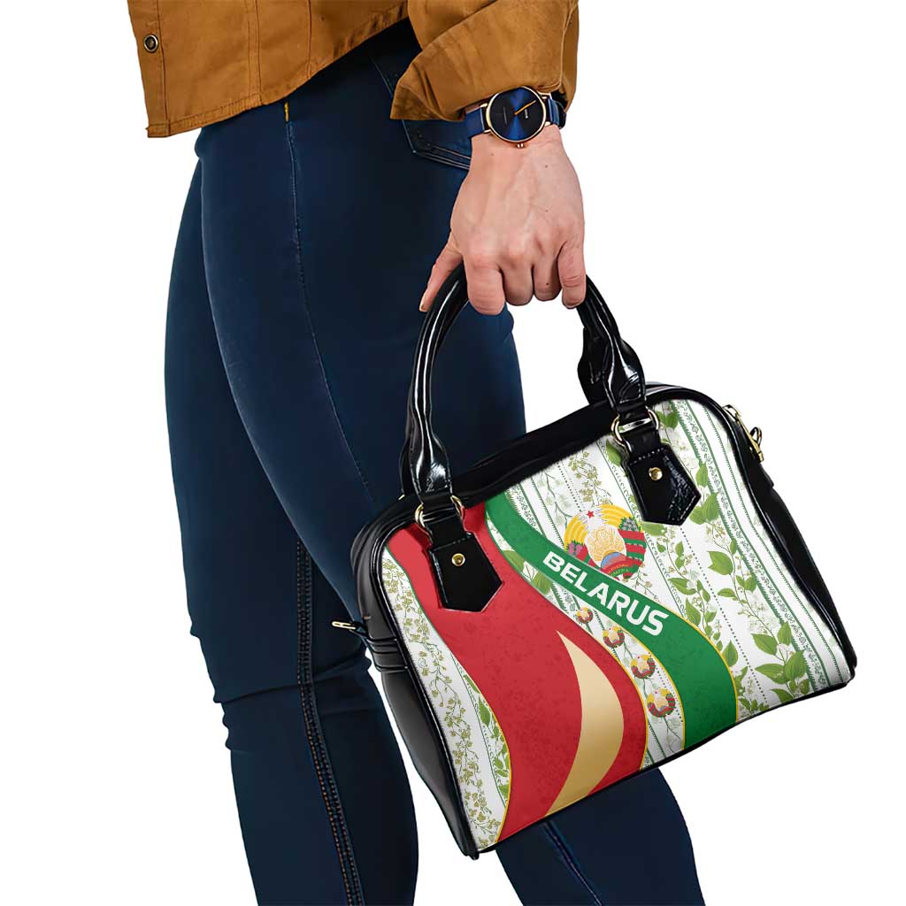 Belarus National Emblem Shoulder Handbag with Green Red Gold Floral Folk Pattern Design