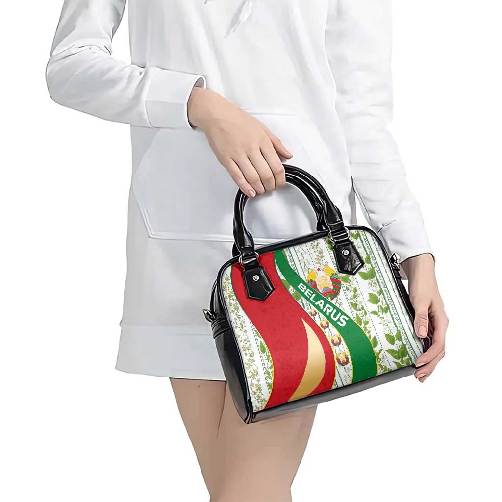 Belarus National Emblem Shoulder Handbag with Green Red Gold Floral Folk Pattern Design