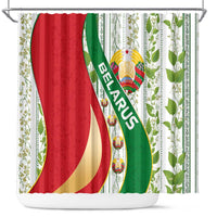 Belarus National Emblem Shower Curtain with Green Red Gold Floral Folk Pattern Design