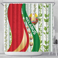 Belarus National Emblem Shower Curtain with Green Red Gold Floral Folk Pattern Design