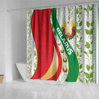 Belarus National Emblem Shower Curtain with Green Red Gold Floral Folk Pattern Design