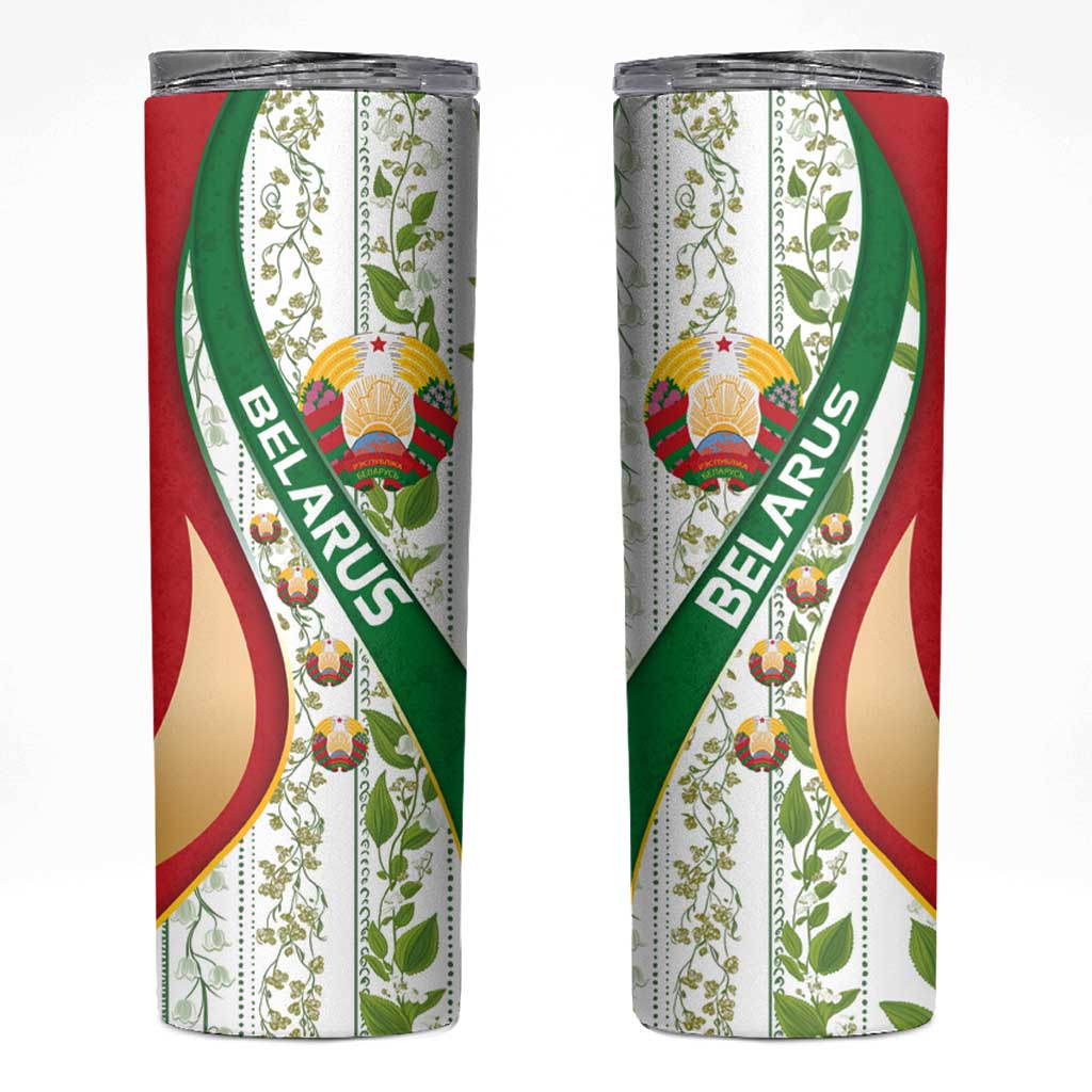 Belarus National Emblem Skinny Tumbler with Green Red Gold Floral Folk Pattern Design