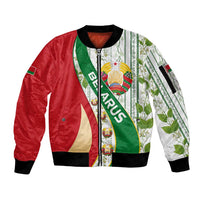 Belarus National Emblem Sleeve Zip Bomber Jacket with Green Red Gold Floral Folk Pattern Design