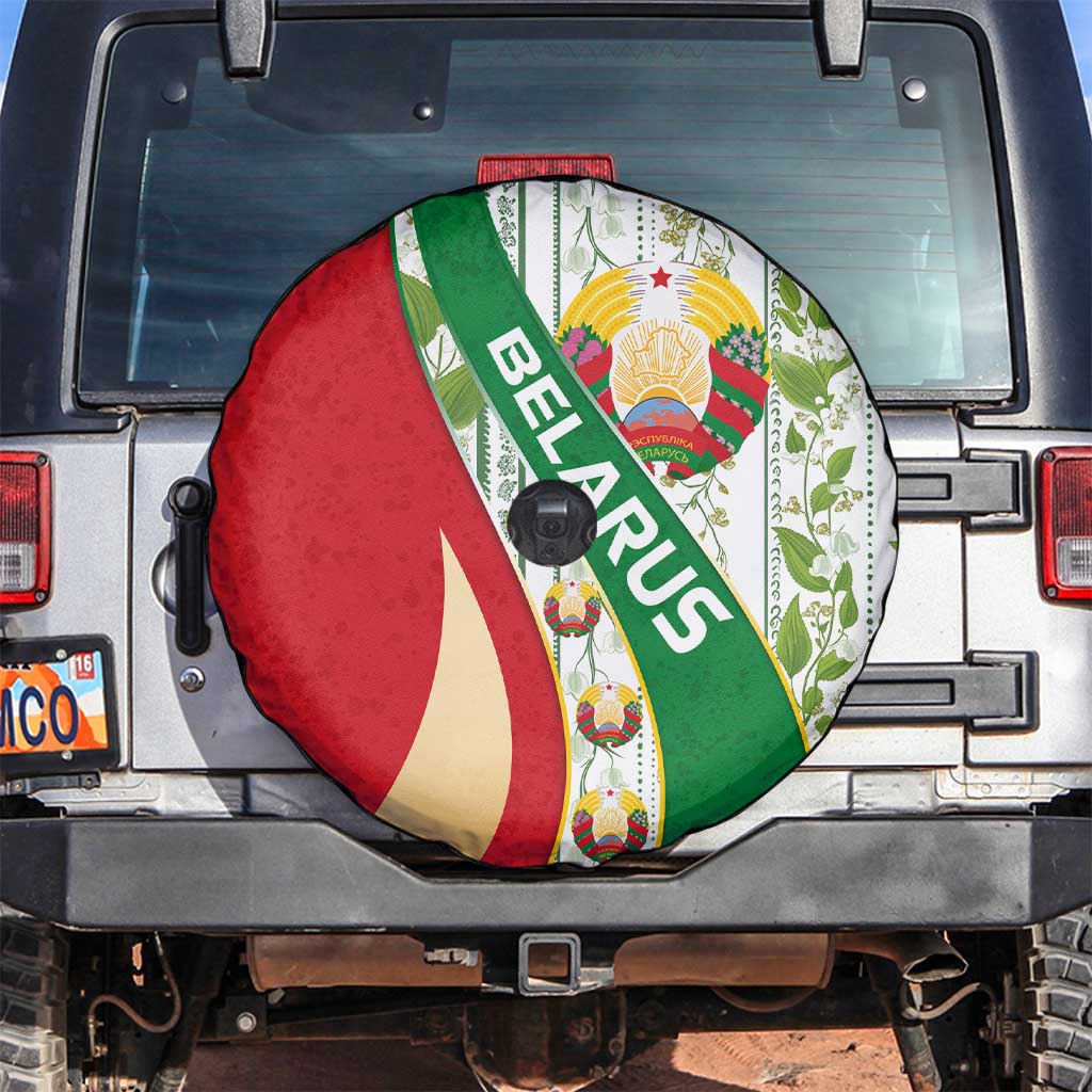 Belarus National Emblem Spare Tire Cover with Green Red Gold Floral Folk Pattern Design