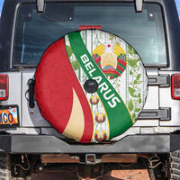 Belarus National Emblem Spare Tire Cover with Green Red Gold Floral Folk Pattern Design