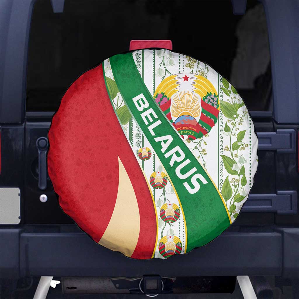 Belarus National Emblem Spare Tire Cover with Green Red Gold Floral Folk Pattern Design