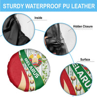 Belarus National Emblem Spare Tire Cover with Green Red Gold Floral Folk Pattern Design