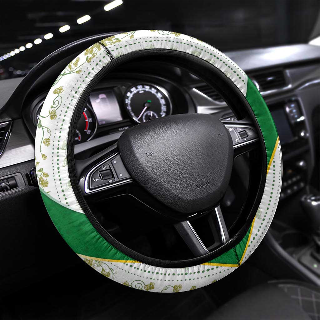 Belarus National Emblem Steering Wheel Cover with Green Red Gold Floral Folk Pattern Design