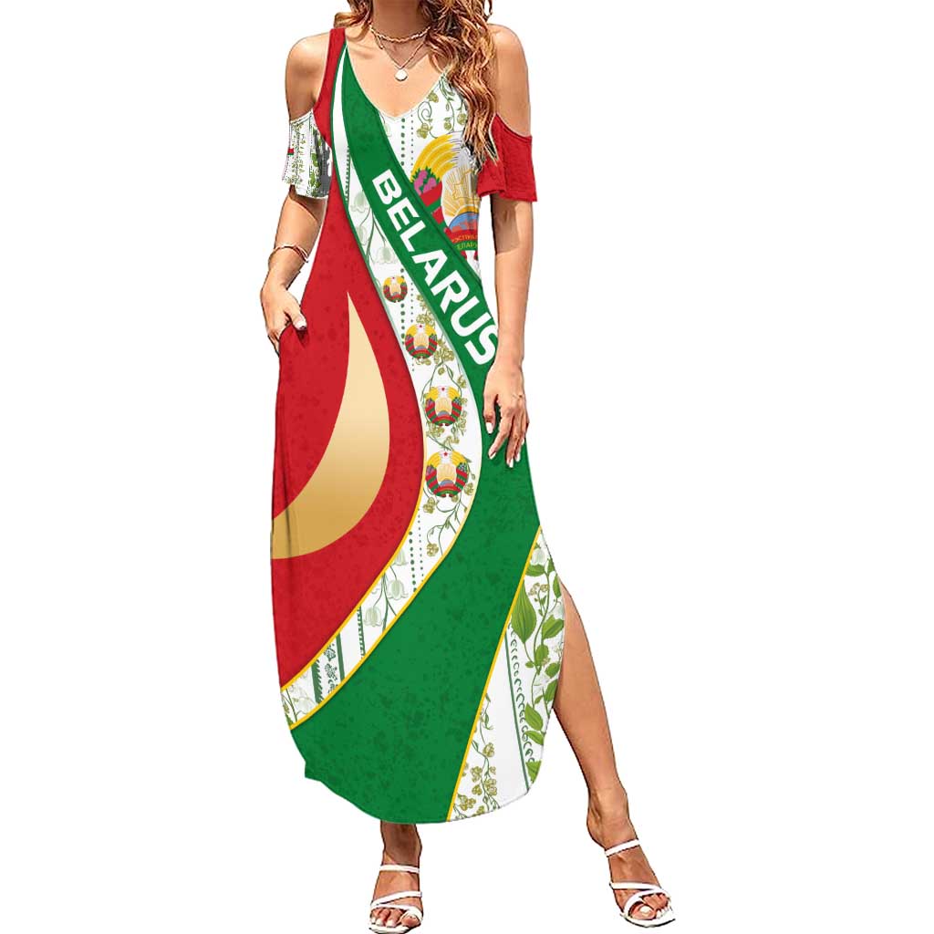 Belarus National Emblem Summer Maxi Dress with Green Red Gold Floral Folk Pattern Design