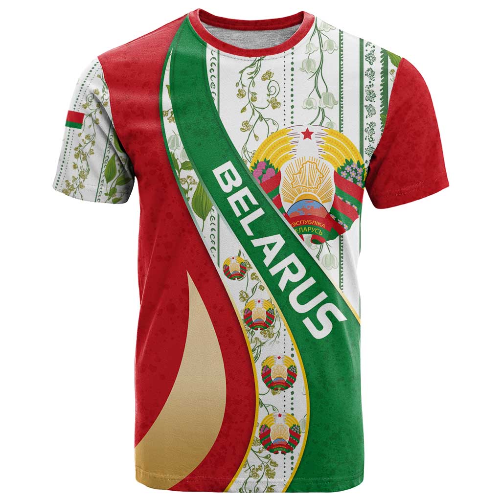 Belarus National Emblem T Shirt with Green Red Gold Floral Folk Pattern Design