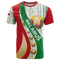 Belarus National Emblem T Shirt with Green Red Gold Floral Folk Pattern Design