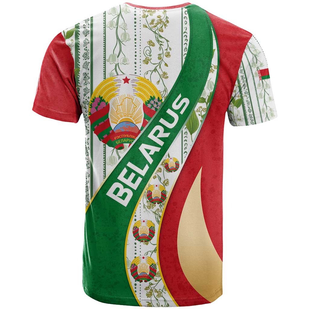 Belarus National Emblem T Shirt with Green Red Gold Floral Folk Pattern Design