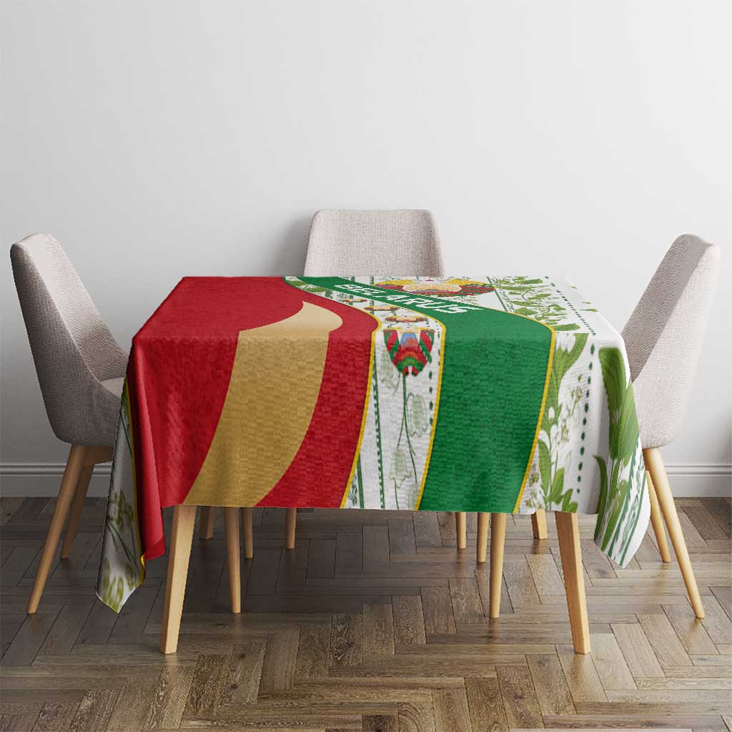 Belarus National Emblem Tablecloth with Green Red Gold Floral Folk Pattern Design