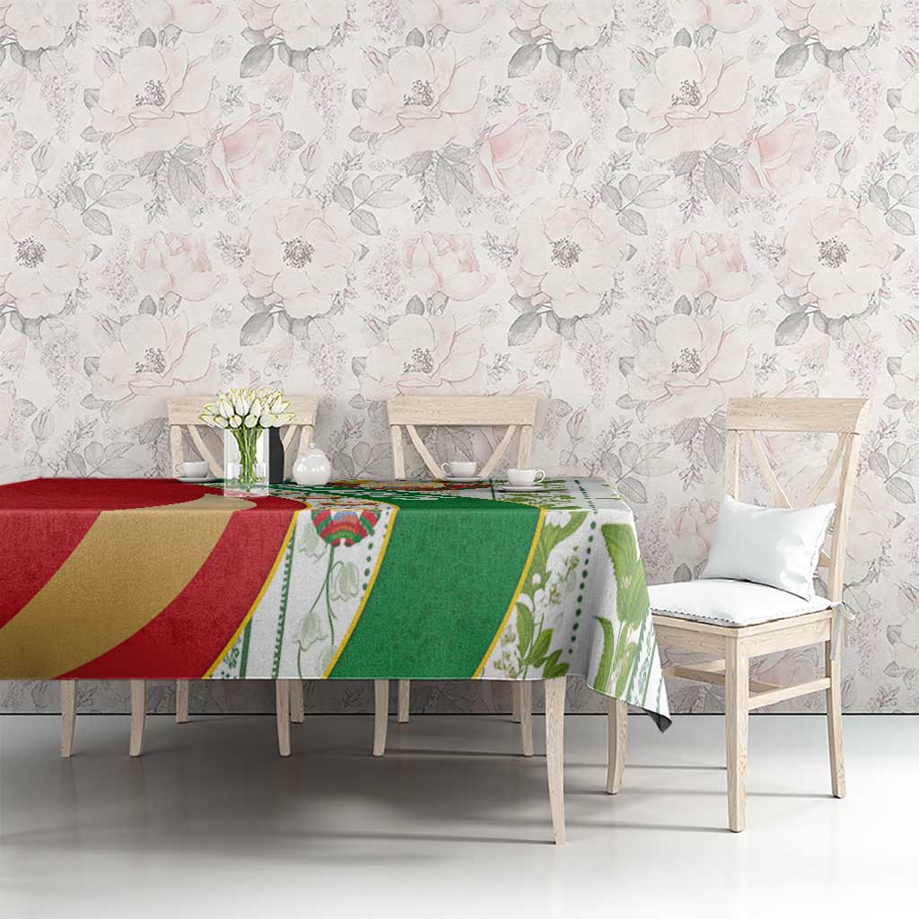 Belarus National Emblem Tablecloth with Green Red Gold Floral Folk Pattern Design