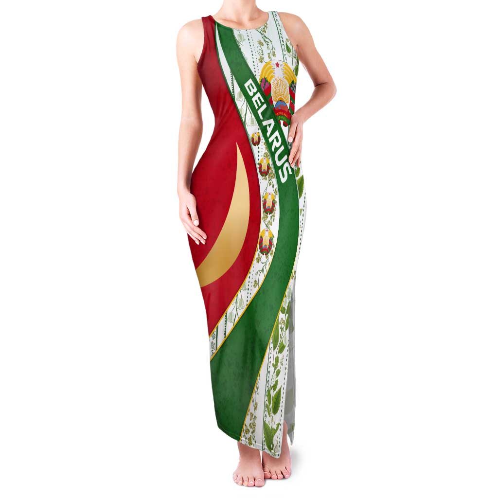 Belarus National Emblem Tank Maxi Dress with Green Red Gold Floral Folk Pattern Design