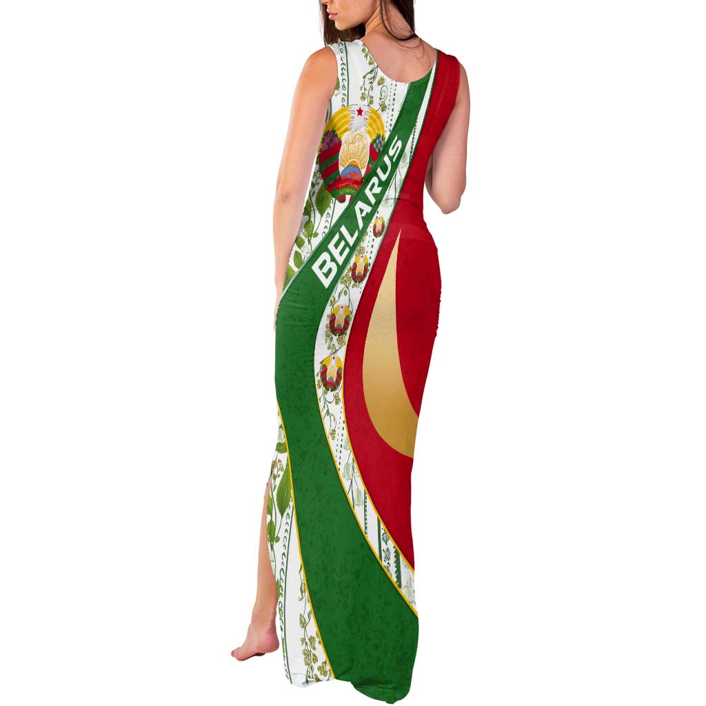 Belarus National Emblem Tank Maxi Dress with Green Red Gold Floral Folk Pattern Design