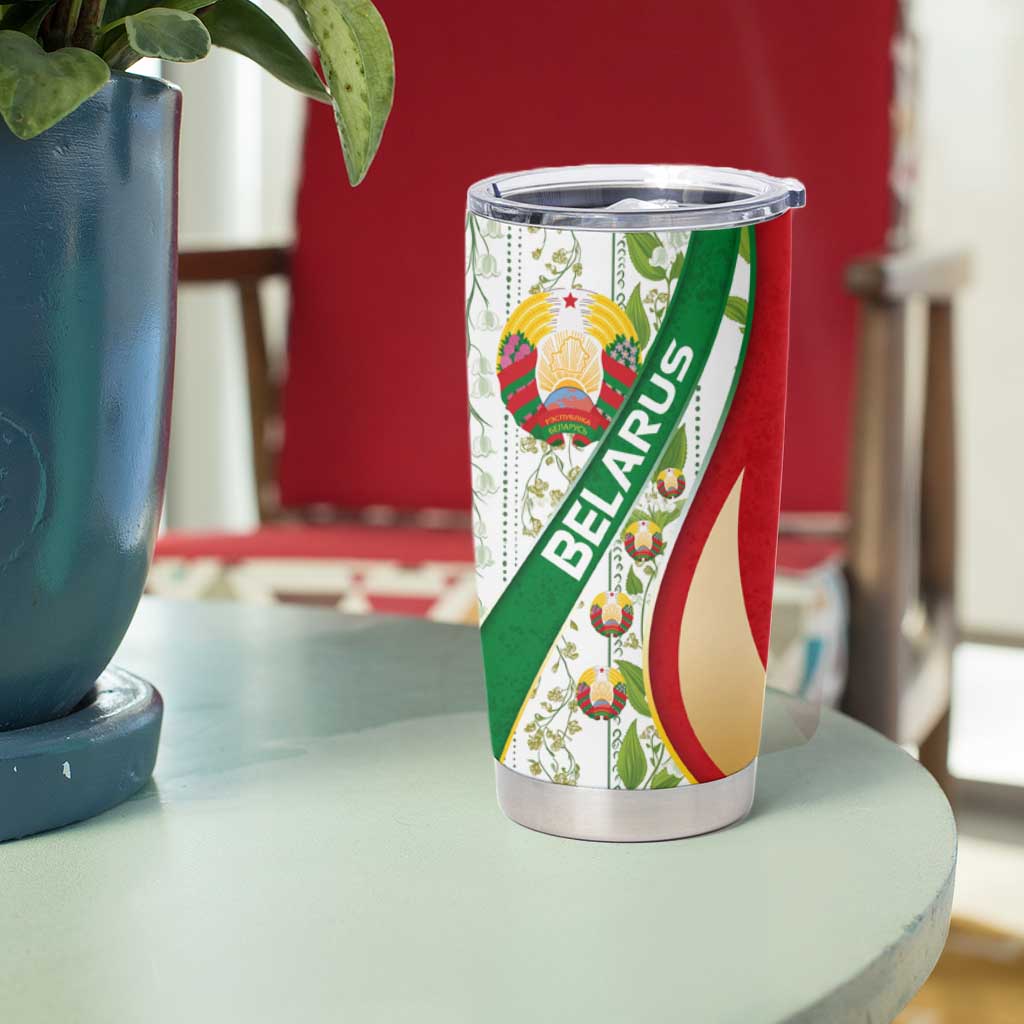 Belarus National Emblem Tumbler Cup with Green Red Gold Floral Folk Pattern Design