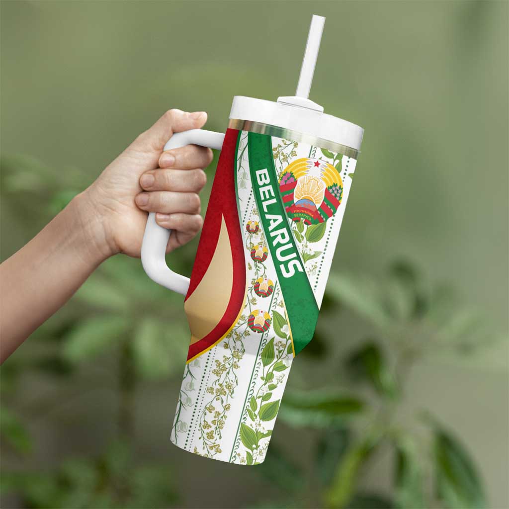 Belarus National Emblem Tumbler With Handle with Green Red Gold Floral Folk Pattern Design