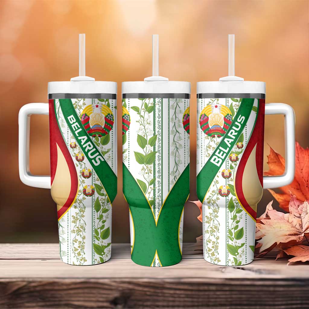 Belarus National Emblem Tumbler With Handle with Green Red Gold Floral Folk Pattern Design