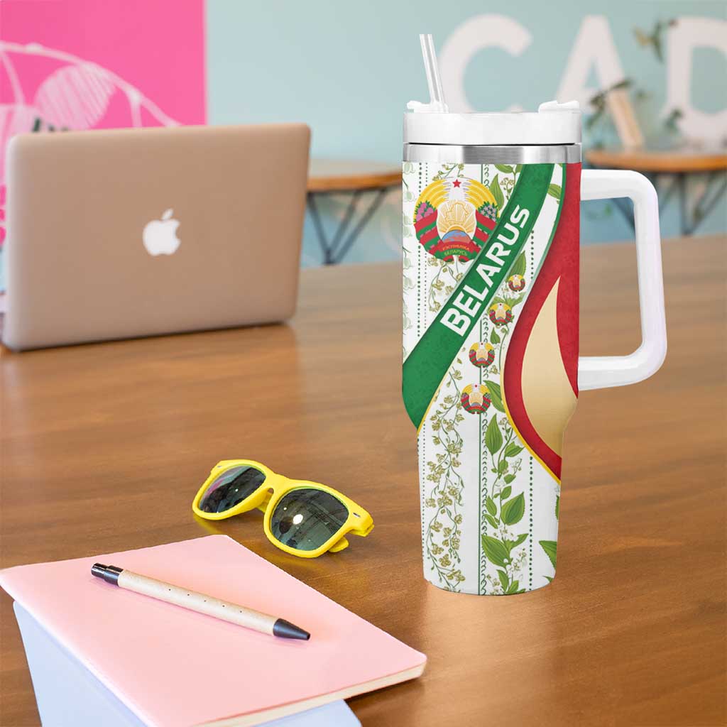 Belarus National Emblem Tumbler With Handle with Green Red Gold Floral Folk Pattern Design