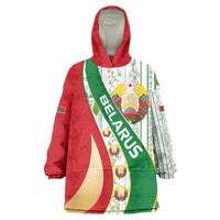 Belarus National Emblem Wearable Blanket Hoodie with Green Red Gold Floral Folk Pattern Design