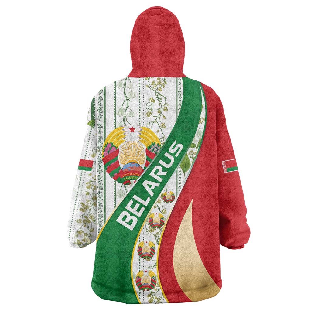 Belarus National Emblem Wearable Blanket Hoodie with Green Red Gold Floral Folk Pattern Design