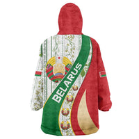 Belarus National Emblem Wearable Blanket Hoodie with Green Red Gold Floral Folk Pattern Design