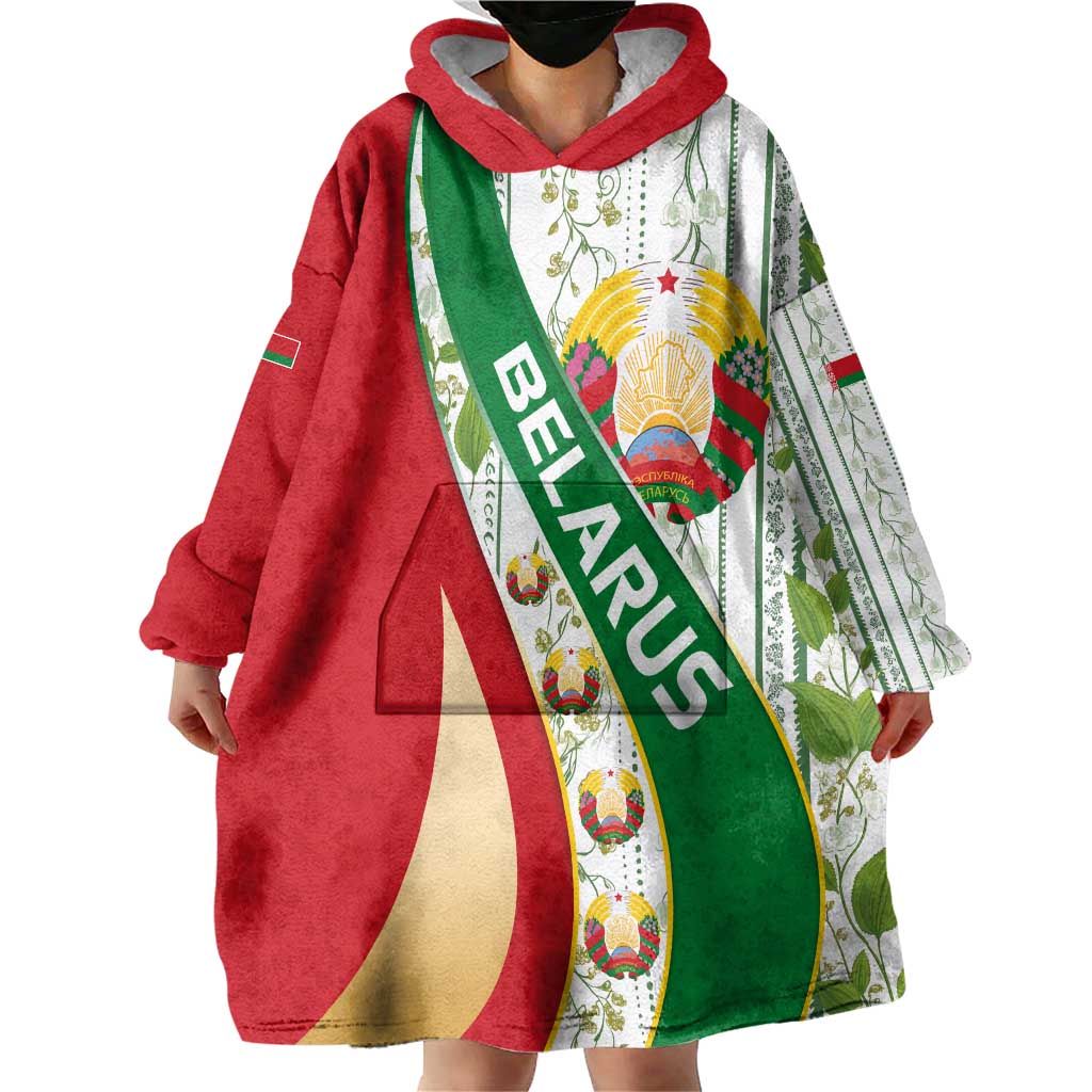 Belarus National Emblem Wearable Blanket Hoodie with Green Red Gold Floral Folk Pattern Design