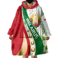 Belarus National Emblem Wearable Blanket Hoodie with Green Red Gold Floral Folk Pattern Design