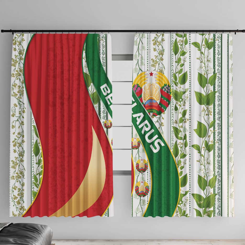 Belarus National Emblem Window Curtain with Green Red Gold Floral Folk Pattern Design