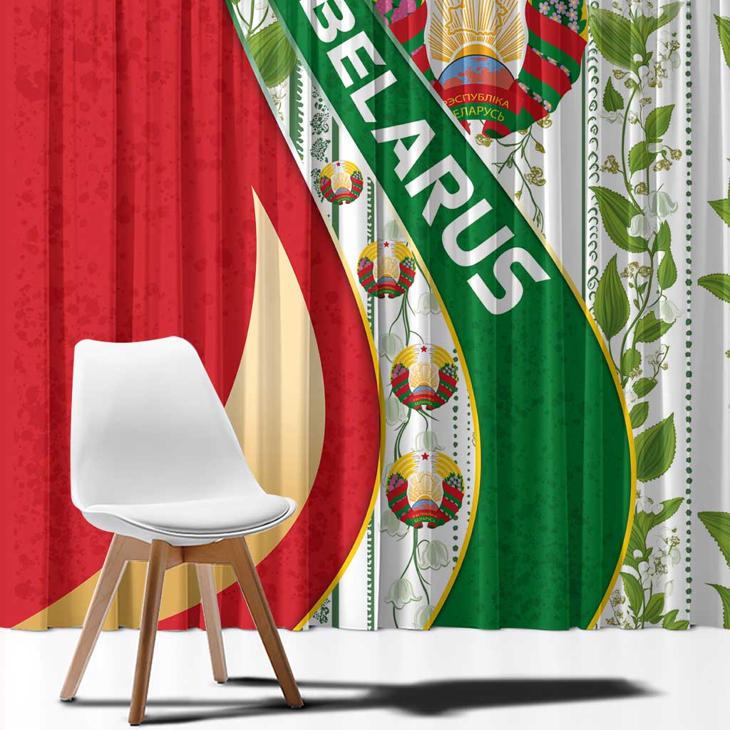 Belarus National Emblem Window Curtain with Green Red Gold Floral Folk Pattern Design