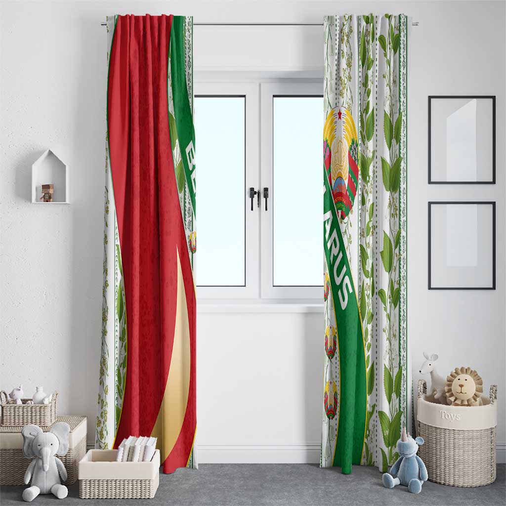 Belarus National Emblem Window Curtain with Green Red Gold Floral Folk Pattern Design