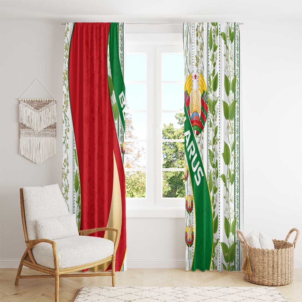 Belarus National Emblem Window Curtain with Green Red Gold Floral Folk Pattern Design